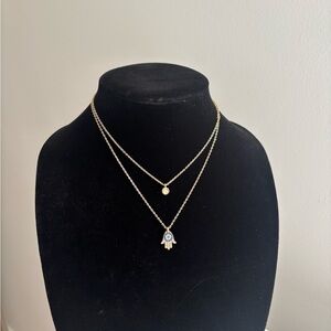 Gold Double-Layer Hamsa Pendant Necklace with Blue Accent